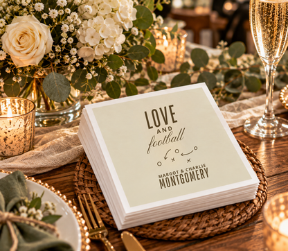 Personalized sports wedding napkins with football Xs, Os, arrows, romantic lettering, and custom couple names.