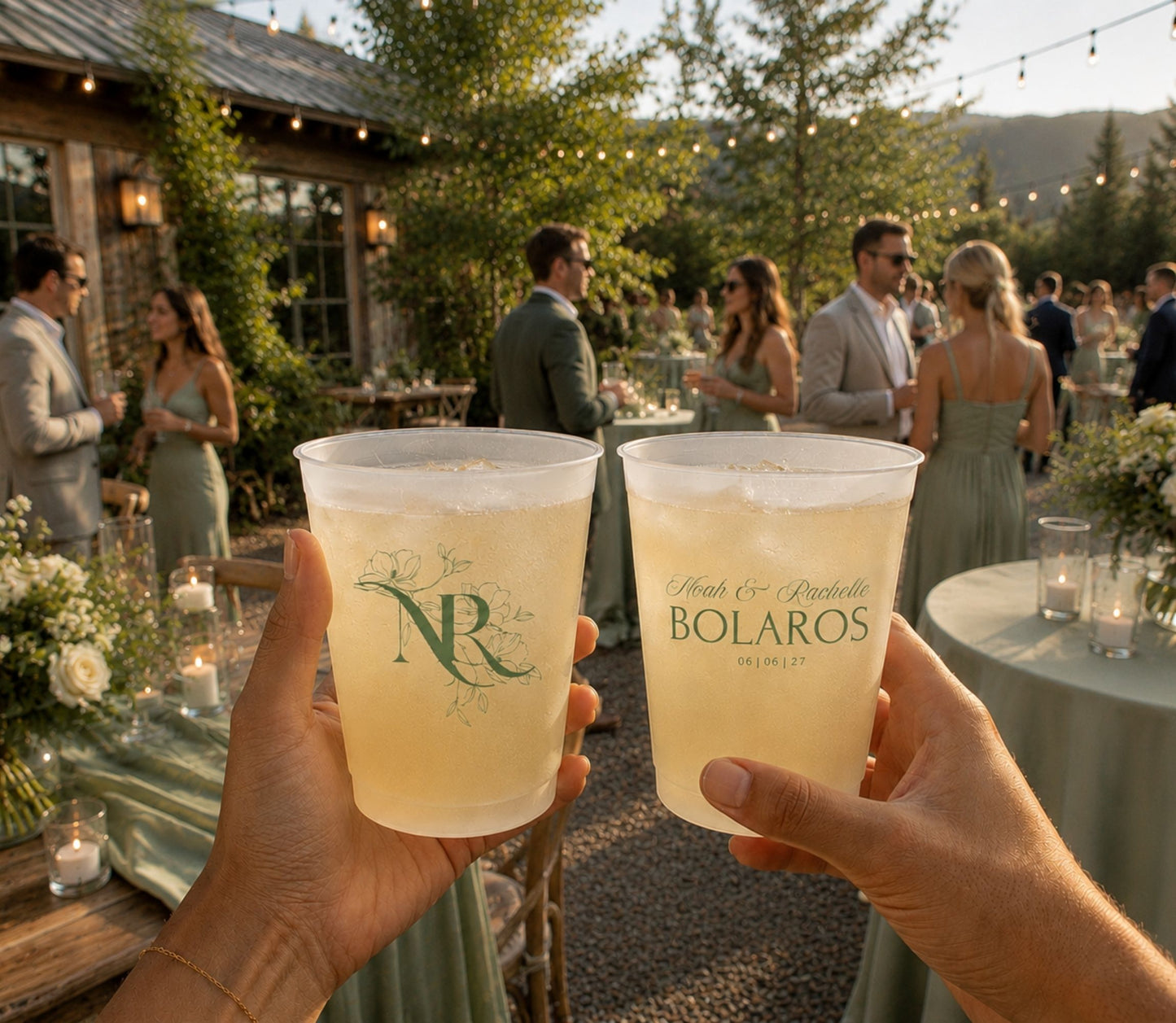 Reusable frosted plastic wedding cup showcasing a floral initial and timeless typography.
Elegant wedding drinkware featuring a personalized botanical monogram and custom wedding details.
Luxury floral monogram frosted cup designed for personalized wedding receptions.