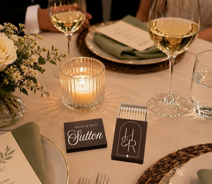 Personalized minimalist wedding matchboxes.