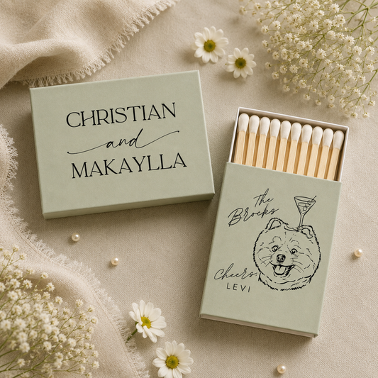 Luxury wedding matchbox featuring a custom dog portrait and personalized couple names.