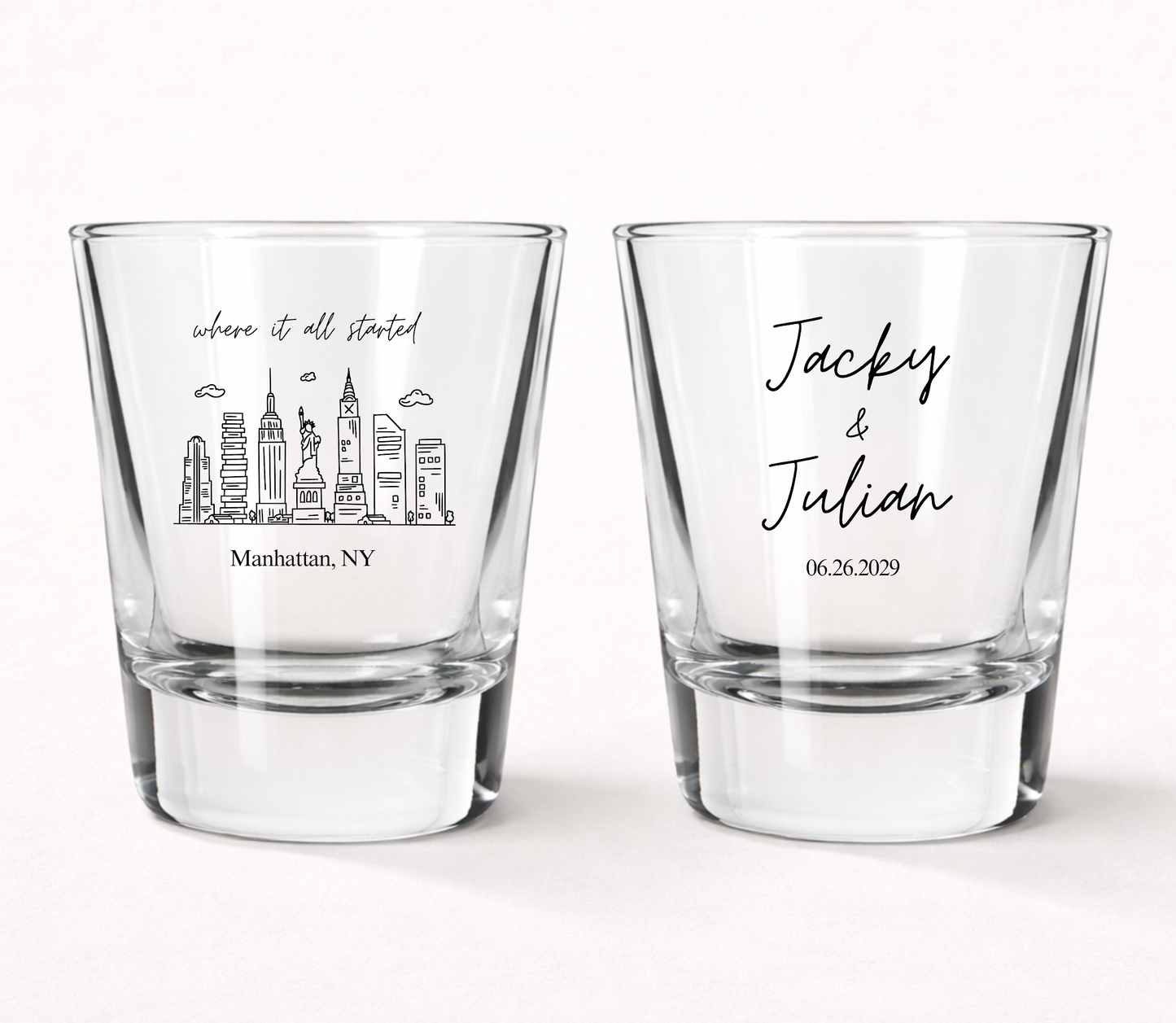Personalized Manhattan wedding shot glasses
New York City skyline wedding favor shot glasses
Custom NYC wedding keepsake glasses
Manhattan destination wedding shot glasses
Personalized New York wedding shot glasses
Skyline wedding favor glasses for guests