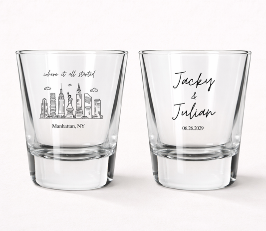 Personalized Manhattan wedding shot glasses
New York City skyline wedding favor shot glasses
Custom NYC wedding keepsake glasses
Manhattan destination wedding shot glasses
Personalized New York wedding shot glasses
Skyline wedding favor glasses for guests