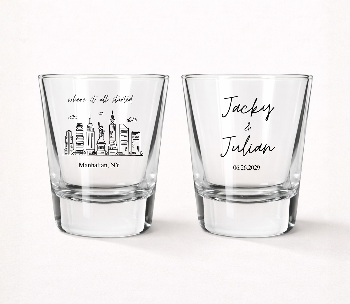 Personalized Manhattan wedding shot glasses
New York City skyline wedding favor shot glasses
Custom NYC wedding keepsake glasses
Manhattan destination wedding shot glasses
Personalized New York wedding shot glasses
Skyline wedding favor glasses for guests