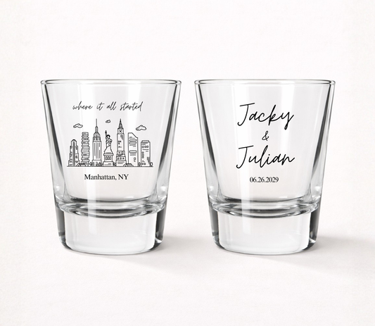 Personalized Manhattan wedding shot glasses
New York City skyline wedding favor shot glasses
Custom NYC wedding keepsake glasses
Manhattan destination wedding shot glasses
Personalized New York wedding shot glasses
Skyline wedding favor glasses for guests