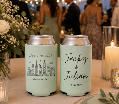 Custom Manhattan skyline wedding can cooler with personalized names.