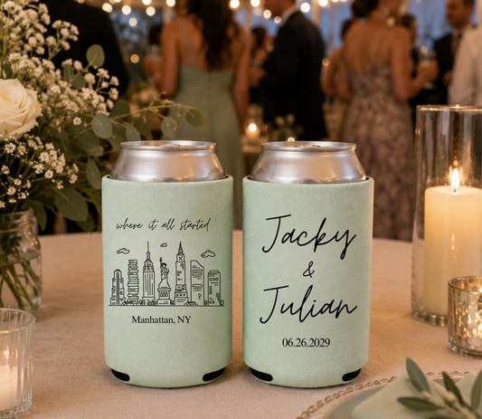 Custom Manhattan skyline wedding can cooler with personalized names.