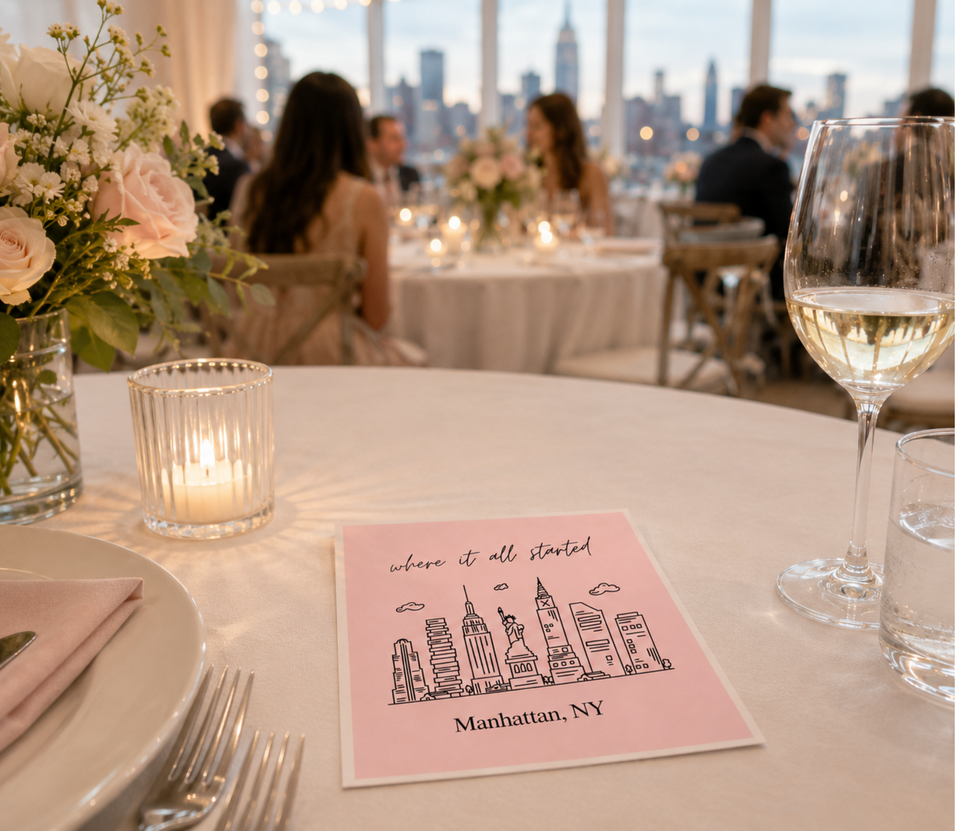 Custom Manhattan wedding cocktail napkins.