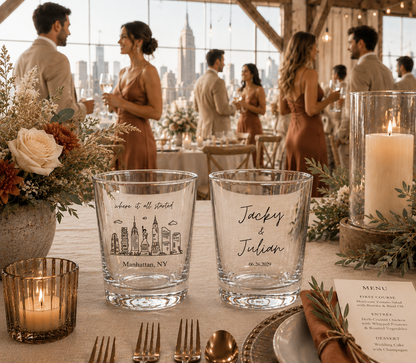 Personalized Manhattan wedding shot glasses featuring a custom New York skyline illustration, couple names, and wedding date.