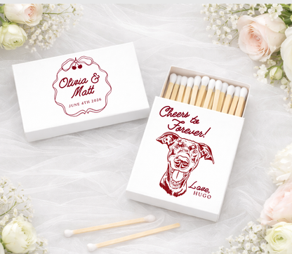 Vintage style wedding matchbox with dog portrait
Romantic personalized matchbox wedding favor
Custom pet illustration matchbox with names
Dog lover wedding matchbox vintage design