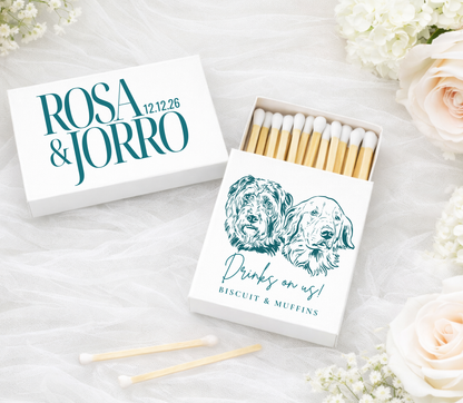 Personalized wedding matchbox with dog portraits and bold names
Custom pet illustration matchbox wedding favor modern design
Dog lover wedding matchbox with names and date
Modern wedding favor matchbox with pet portrait