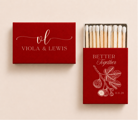Red personalized fig wedding matchboxes featuring botanical fig branch artwork, custom initials VL, couple names Viola and Lewis, and wedding date.

Red botanical wedding matchbox featuring vintage fig branch illustration and personalized couple names.

Custom fig wedding matchbox with elegant botanical artwork, initials, and wedding date.