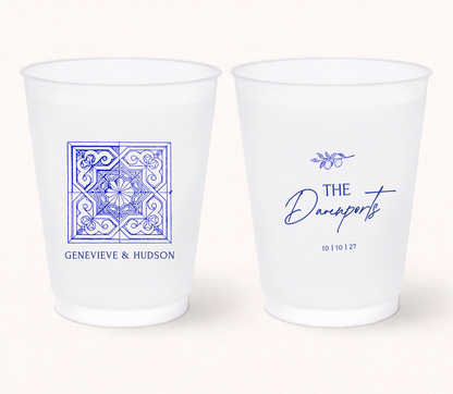 Mediterranean tile wedding frosted cups
Personalized destination wedding cups
European inspired wedding drinkware
Custom wedding cups with names and date
Mediterranean wedding favor cups
Italian and Spanish wedding frosted cups