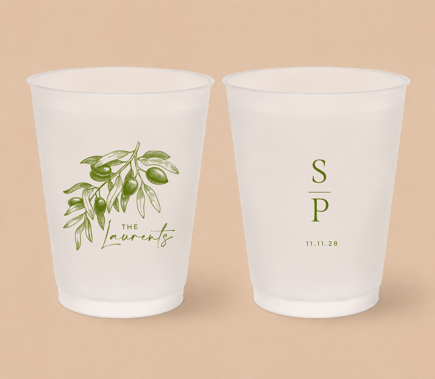 White frosted wedding cups featuring a vintage olive branch illustration with personalized family surname, couple initials, and wedding date.