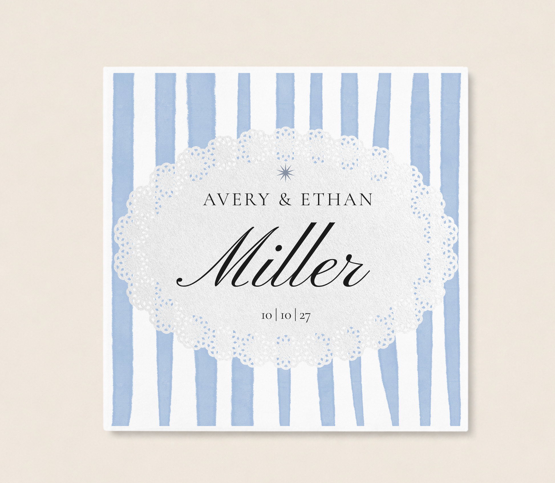 Blue stripe wedding napkin with personalized couple names and wedding date