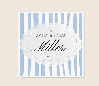 Blue stripe wedding napkin with personalized couple names and wedding date