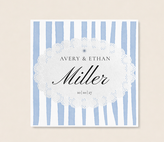 Blue stripe wedding napkin with personalized couple names and wedding date