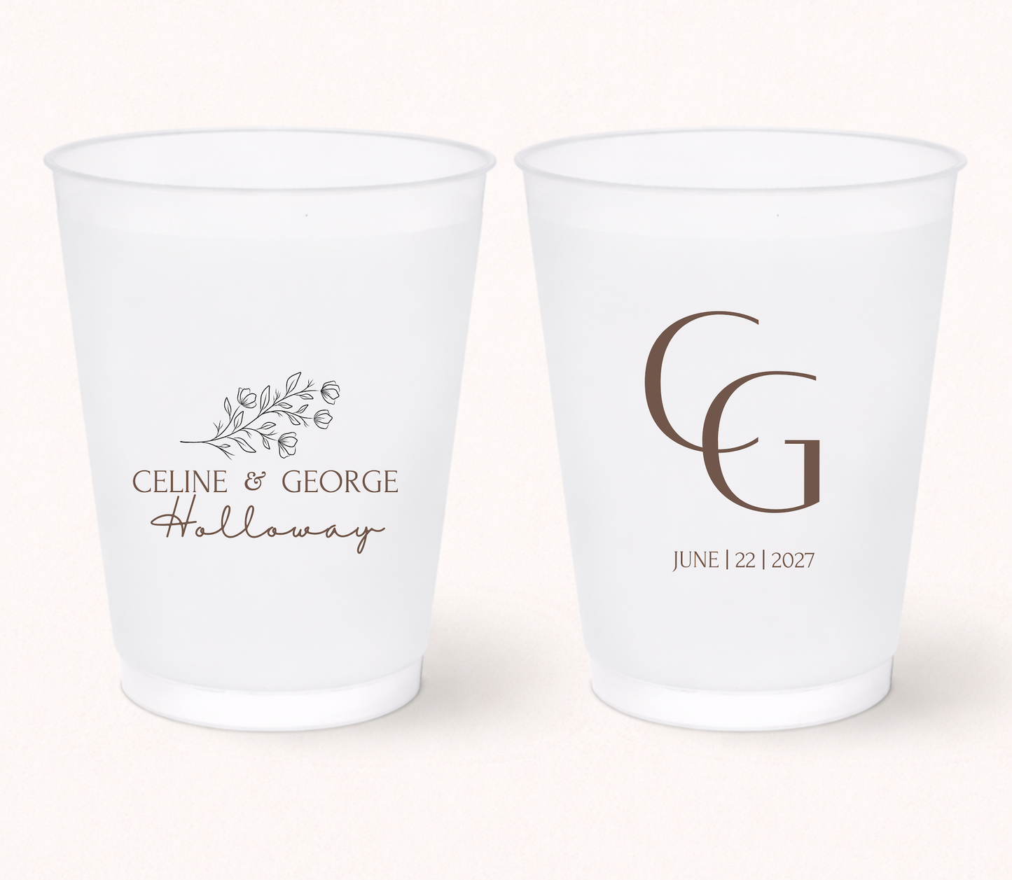 Minimalist monogram wedding frosted cups
Elegant wedding cups with floral illustration
Personalized wedding drinkware with custom initials
Modern frosted wedding cups with wedding date
Romantic wedding favor cups
Custom monogram wedding cups with floral branch design