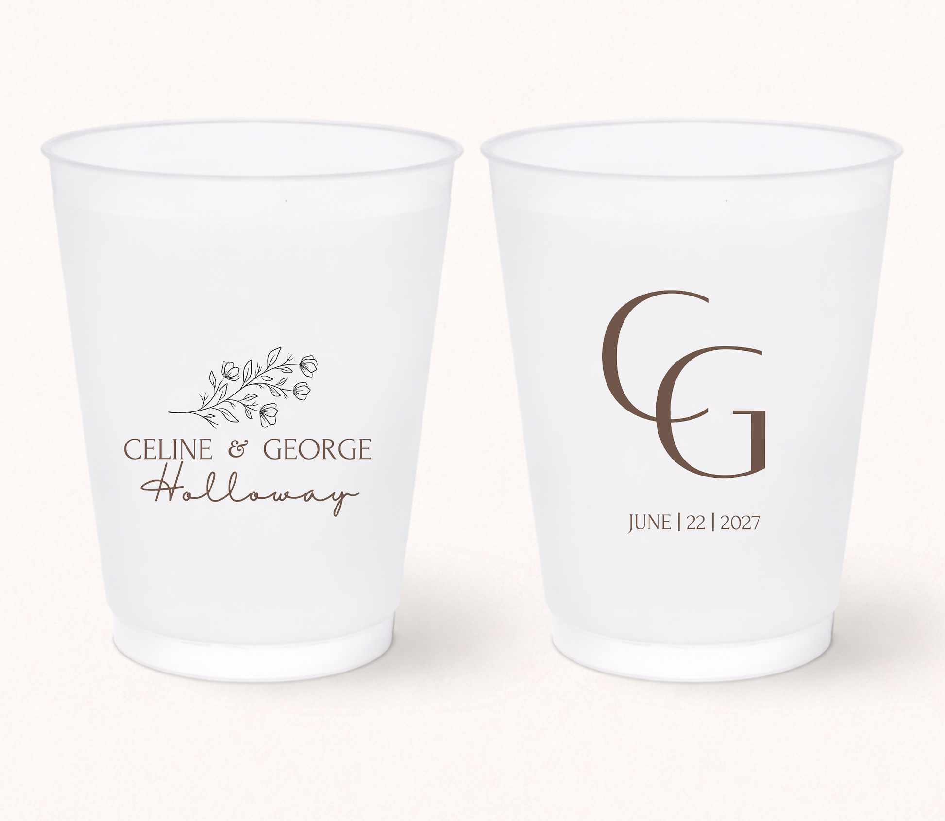 Minimalist monogram wedding frosted cups
Elegant wedding cups with floral illustration
Personalized wedding drinkware with custom initials
Modern frosted wedding cups with wedding date
Romantic wedding favor cups
Custom monogram wedding cups with floral branch design