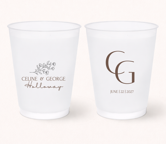 Minimalist monogram wedding frosted cups
Elegant wedding cups with floral illustration
Personalized wedding drinkware with custom initials
Modern frosted wedding cups with wedding date
Romantic wedding favor cups
Custom monogram wedding cups with floral branch design