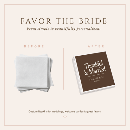 Elegant Thankful & Married wedding napkins for Thanksgiving reception tables with custom personalization.