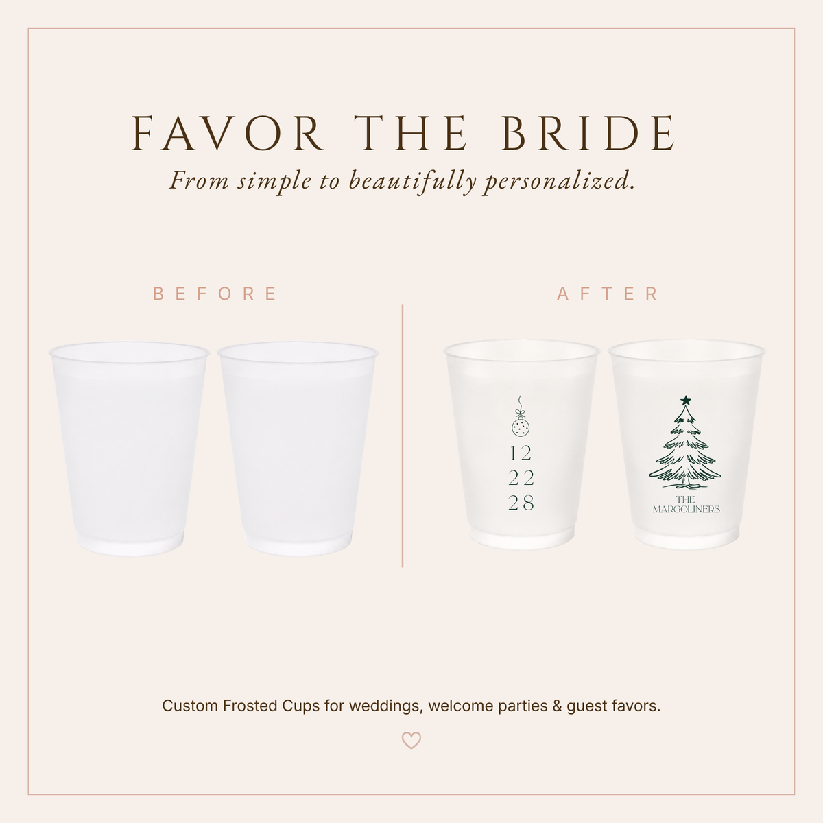 Elegant custom winter wedding frosted cups featuring Christmas tree artwork and personalized holiday details.