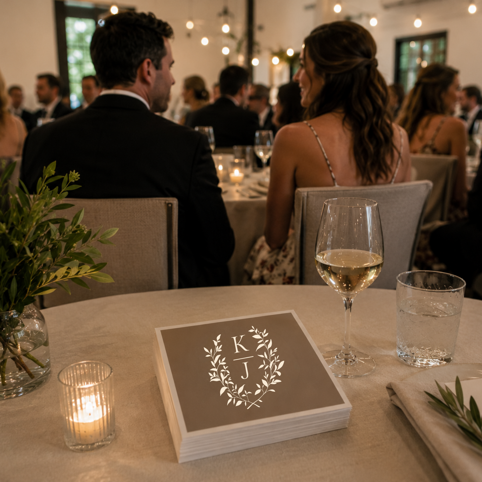 Taupe wedding cocktail napkin featuring a personalized laurel wreath monogram.
