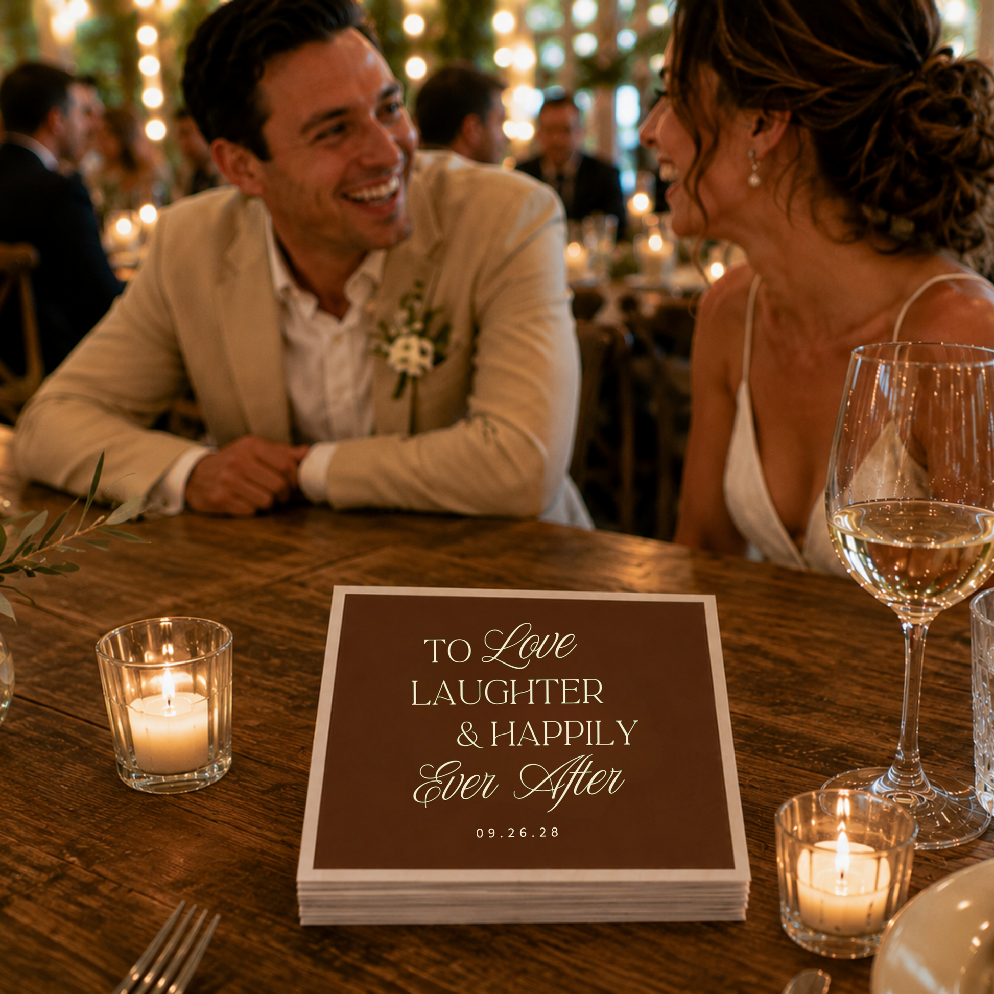 Brown custom wedding cocktail napkin featuring elegant personalized typography.