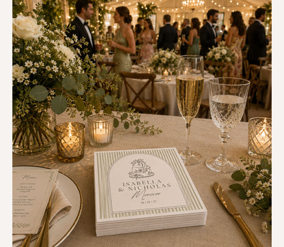 Premium paper wedding napkin showcasing a floral cake design with custom wedding personalization.
Minimalist wedding table napkin featuring an illustrated tiered cake, personalized names, and sage striped border.