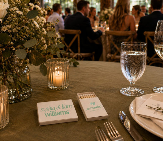 Minimalist wedding favor matchbox featuring custom names, heart illustrations, and premium safety matches.
Premium personalized wedding matchbox with modern Just Married typography and wedding details.