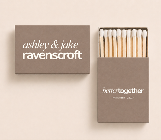 Personalized Better Together wedding matchboxes featuring custom couple's names and wedding date in a modern minimalist design.