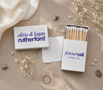Personalized Forever You wedding matchboxes with custom names, wedding date, and black typography on white matchboxes
