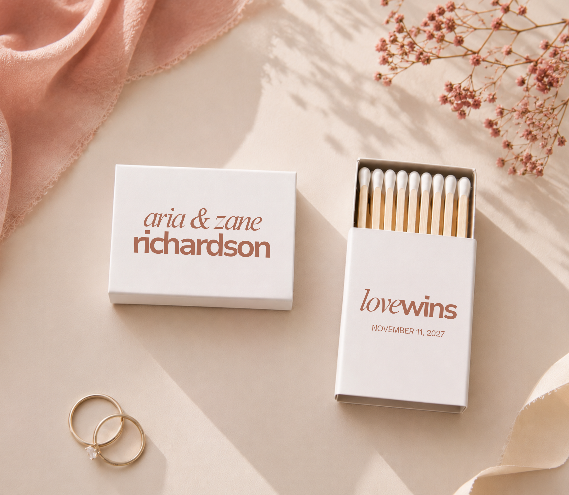 Personalized modern wedding matchboxes with white and teal design for candle stations, cigar bars, and welcome bags