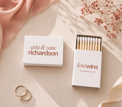 Personalized modern wedding matchboxes with white and teal design for candle stations, cigar bars, and welcome bags