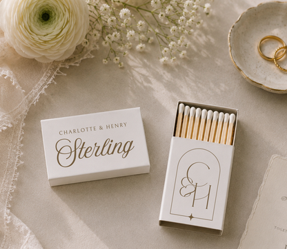 Personalized monogram wedding matchboxes with custom names, wedding date, and black framed initials on white matchboxes