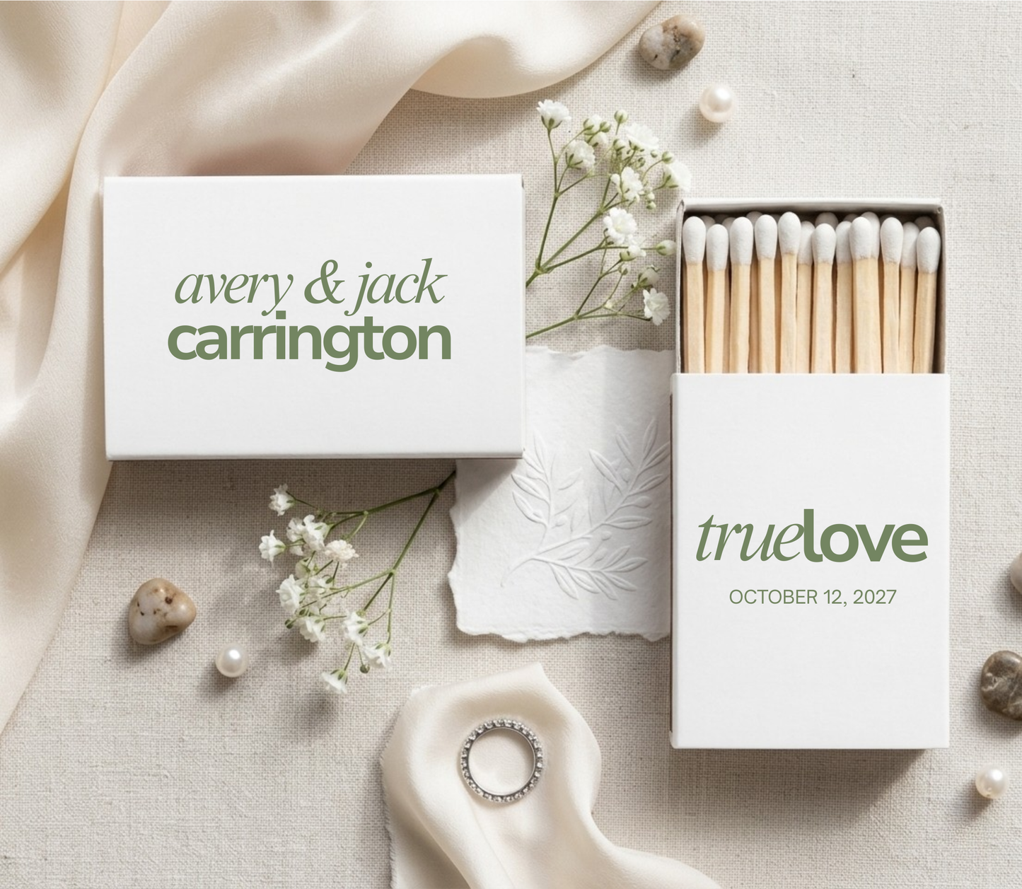 Personalized matchbox wedding favors with modern green typography for bridal showers, engagement parties, and rehearsal dinners