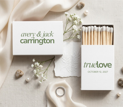 Personalized matchbox wedding favors with modern green typography for bridal showers, engagement parties, and rehearsal dinners
