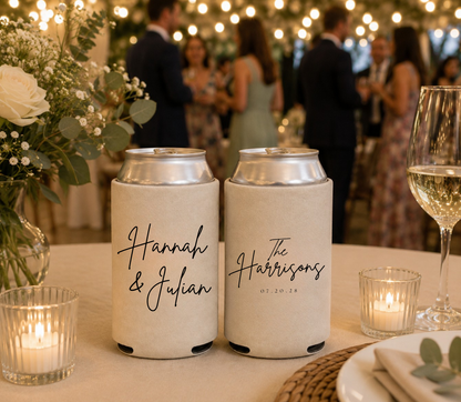 Custom beige wedding can koozies.