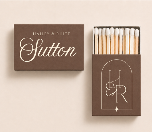 Personalized modern monogram wedding matchboxes featuring custom names, family surname, and elegant initials for minimalist weddings.