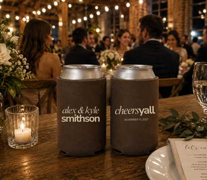 
Modern wedding drink sleeve featuring family surname and wedding date.