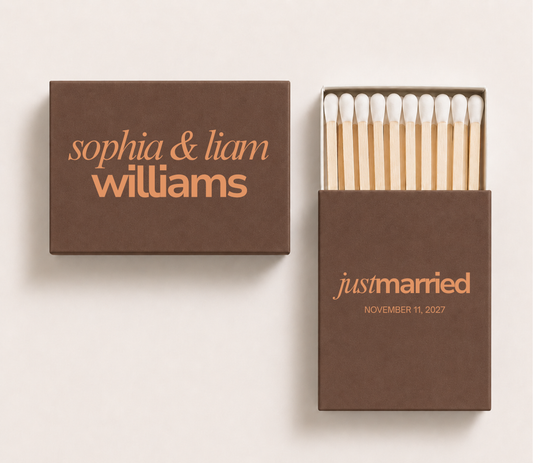 Personalized modern typography wedding matchboxes featuring custom names, shared surname, and "Just Married" design.