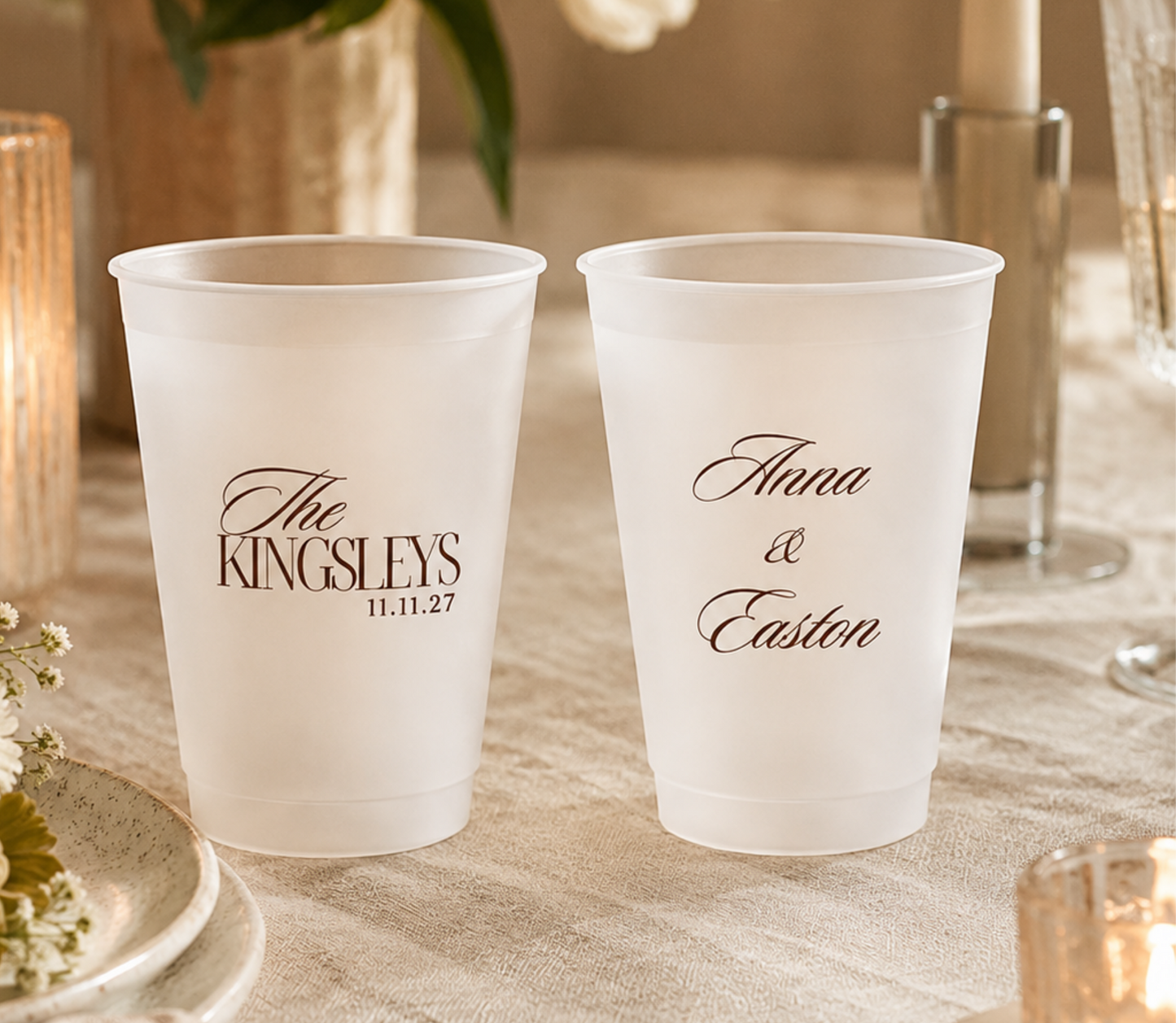 Classic wedding cup with couples last name and first names as well as the date