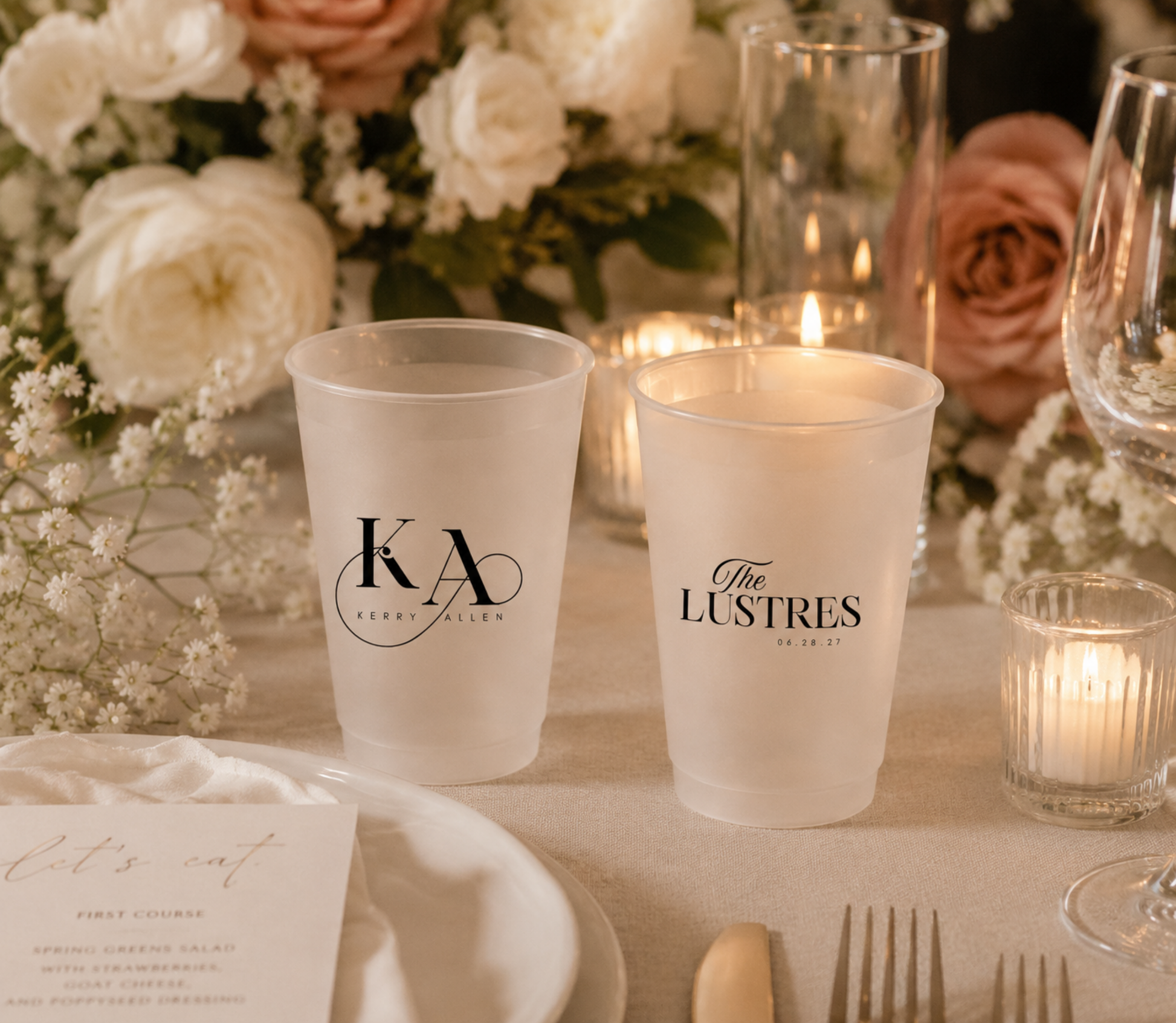 Initials on a frosted cups along with last name for wedding 