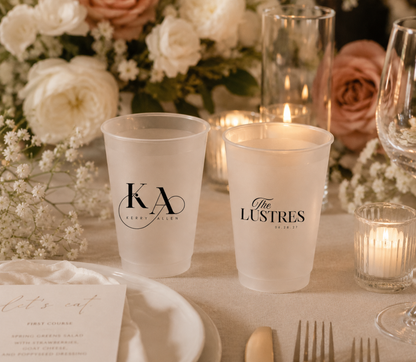 Initials on a frosted cups along with last name for wedding 