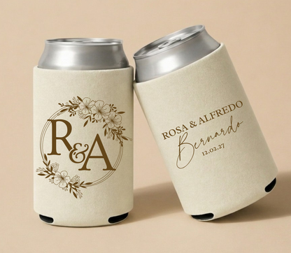 Personalized Floral Wedding Can Coolers with initials