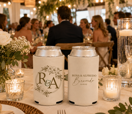Personalized Floral Wedding Can Coolers with initials