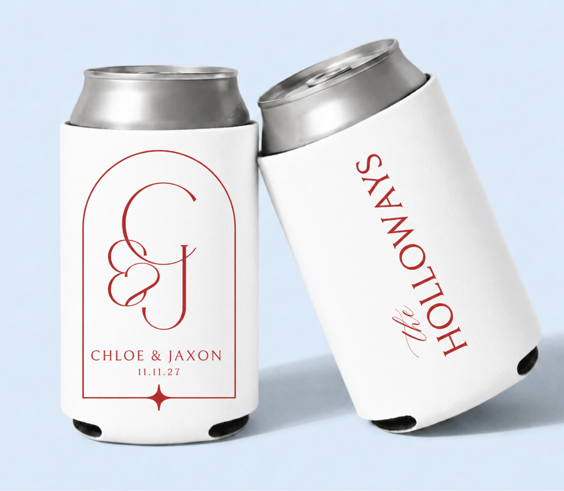 Personalized monogram wedding can coolers with red custom initials on white drink sleeves for elegant wedding favors
