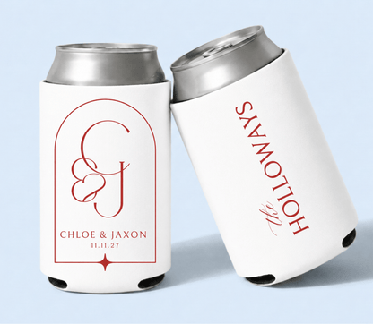 Personalized monogram wedding can coolers with red custom initials on white drink sleeves for elegant wedding favors
