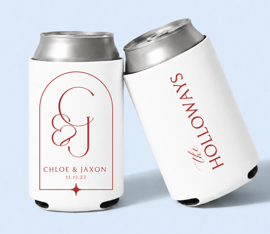 Personalized monogram wedding can coolers with red custom initials on white drink sleeves for elegant wedding favors