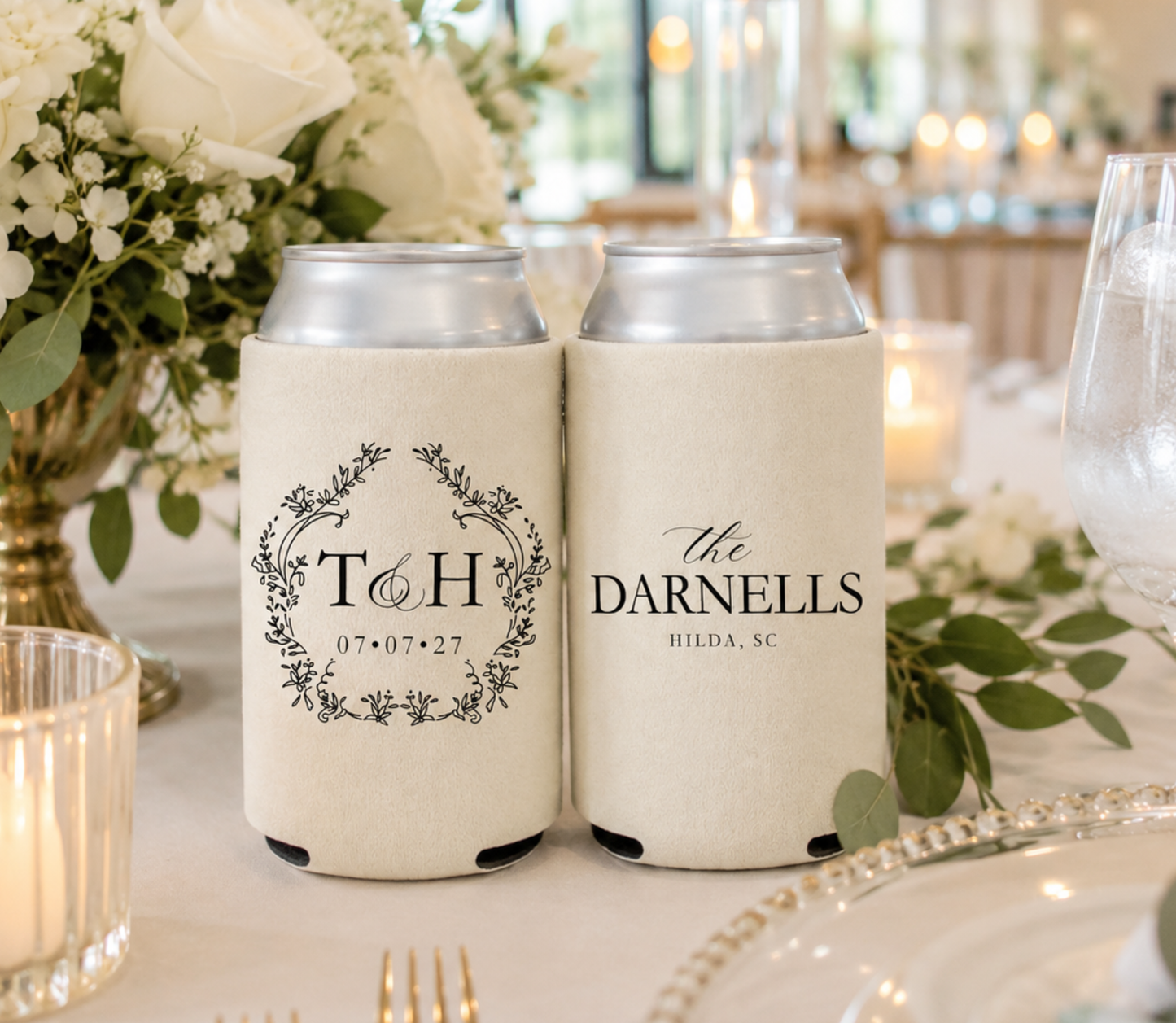 Monogram tan wedding cooler with black ink, initials surrounded by a beautiful foliage frame 