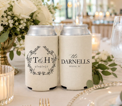 Monogram tan wedding cooler with black ink, initials surrounded by a beautiful foliage frame 